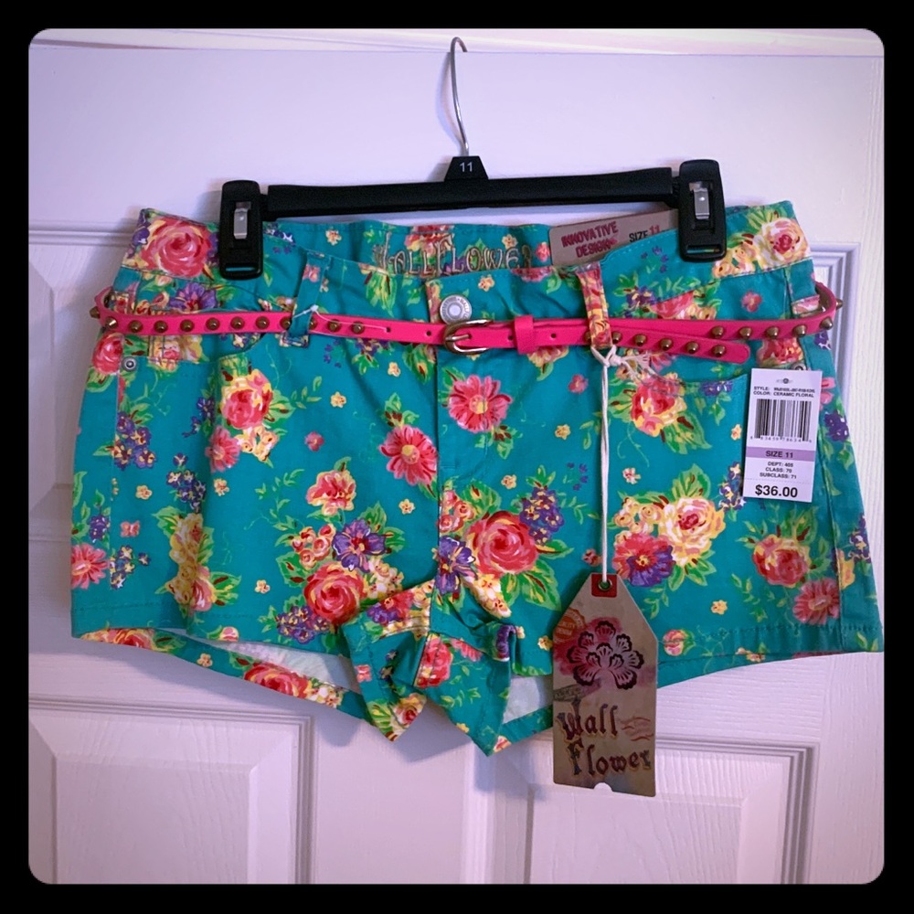 Teal Floral Shorts with Belt